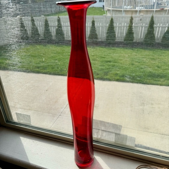 Tall art red glass curvy bottle. Approx. 19”H. Beautiful Czechoslovakian glass - Picture 2 of 13